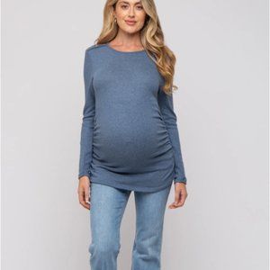 Pink Blush PinkBlush Blue Soft Knit Button Shoulder Ruched Side Maternity Top